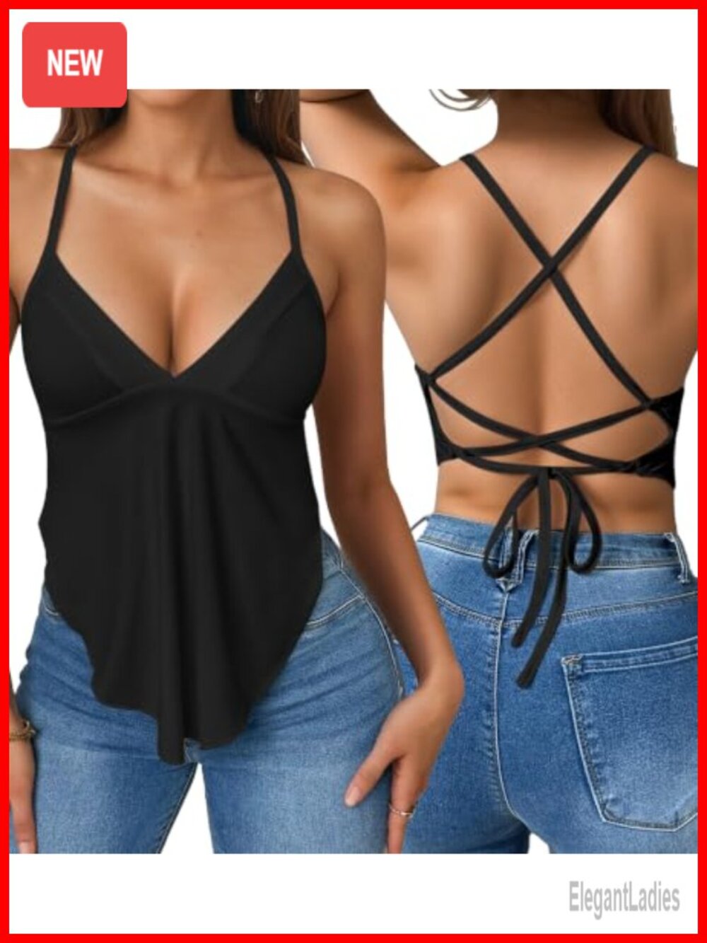 Women's Backless Tie Tank Top Deep V Neck Spaghetti Strap
